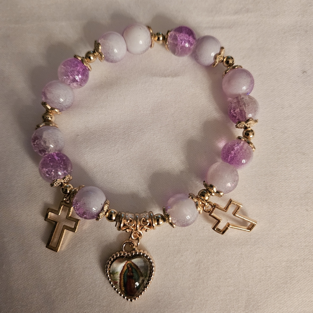 Elegant Purple and Gold Beaded Bracelet with Cross Charms